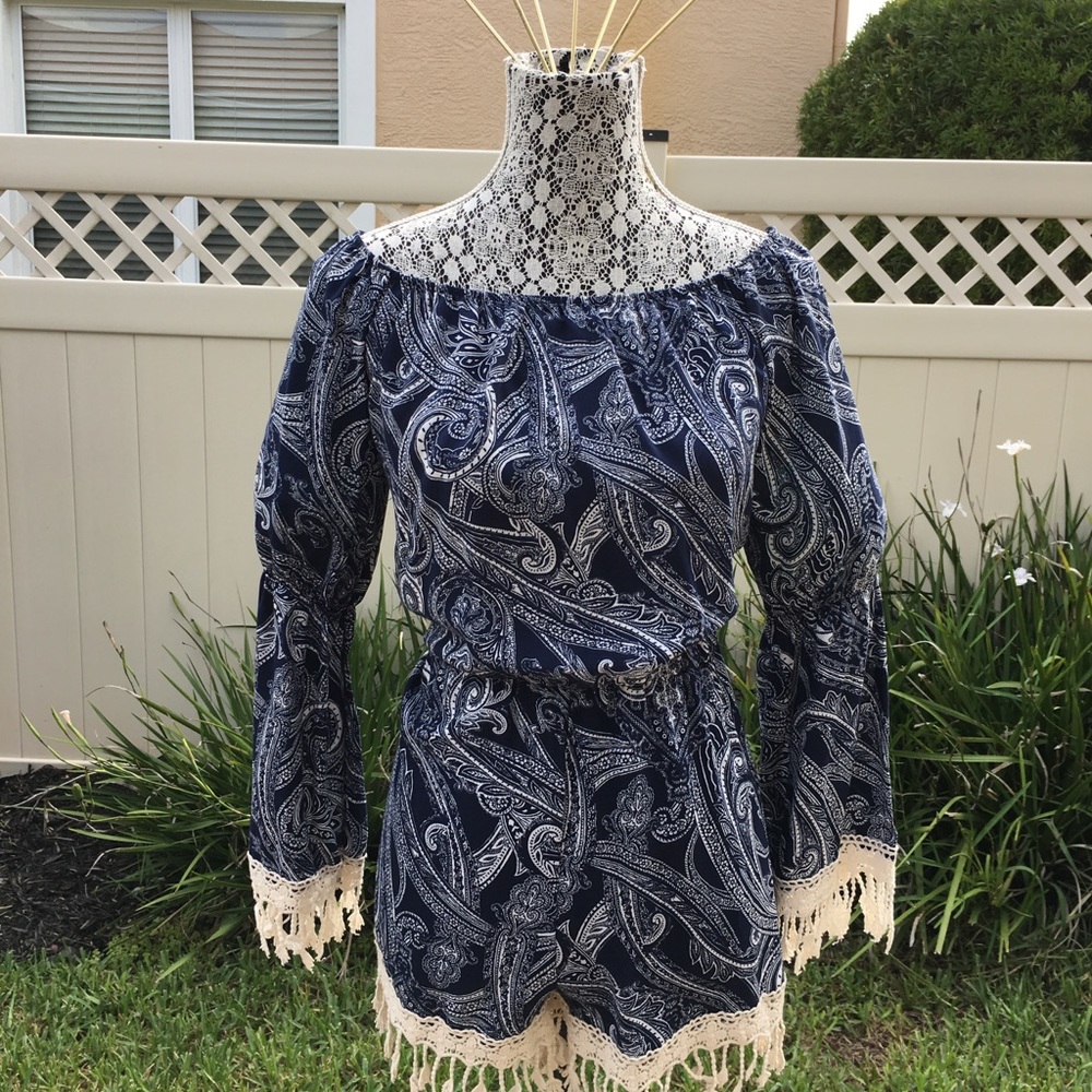 Blue with Cream Crochet Trim Romper